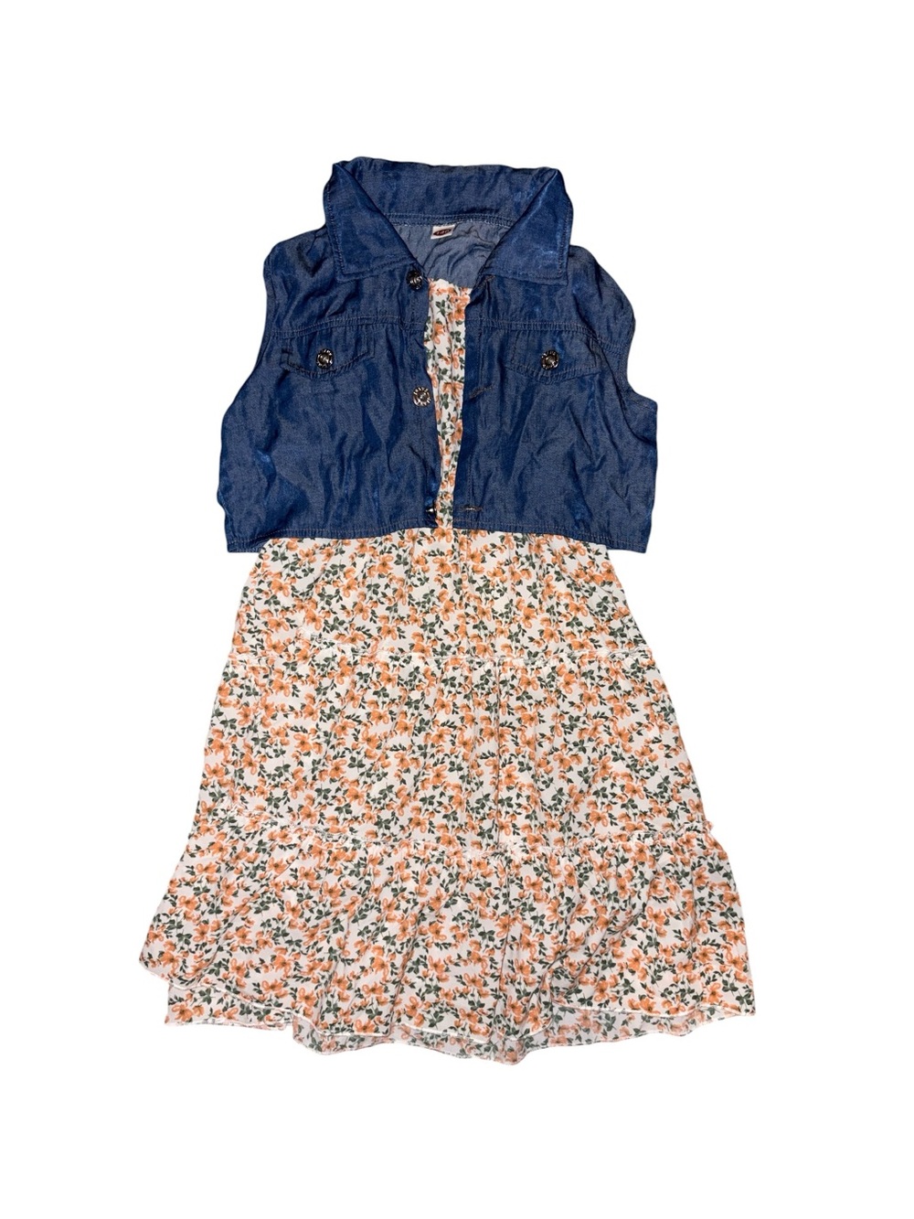 Girls Dark Denim Vest with Floral Sundress